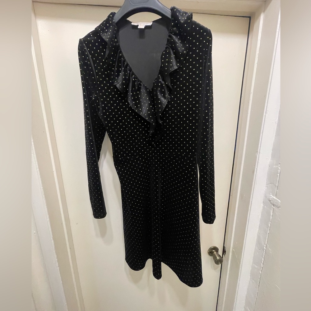 Michael Kors Women's Black Velvet Ruffled Gold Sequin Dress Small Long Sleeve